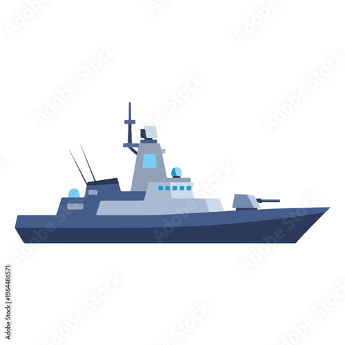 Modern naval vessel with radar and gun turret on white background