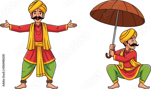 Indian Folk Dancer Character Set with Traditional Costume and Umbrella Performance Pose Cultural Dance Cartoon Vector Illustration Collection