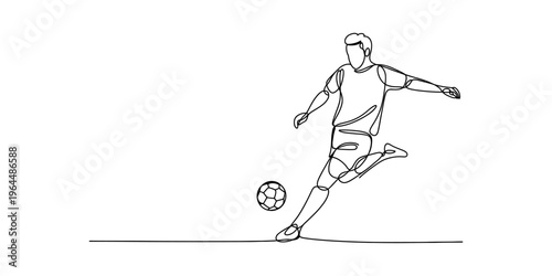 A single continuous line drawing of a soccer player kicking a ball during a professional match Vector, illustration
