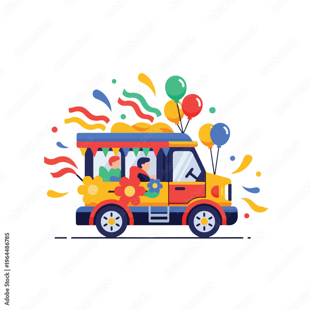 Fototapeta premium Colorful cartoon vehicle with balloons driving on road