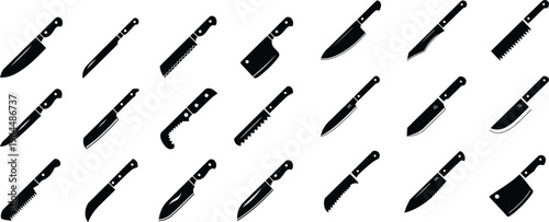 Collection of kitchen knives and cleaver silhouette icons set vector illustration isolated on white background