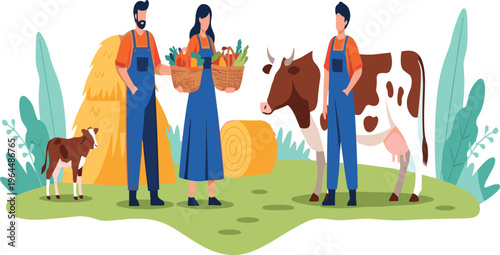 Farmers with Cow and Harvest Produce Set Featuring Rural Agriculture Scene with Hay Bales and Fresh Vegetables Cartoon Vector Illustration Collection
