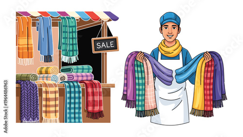 Warm Wares for Sale: A friendly shopkeeper presents a colorful array of scarves at a market stall, inviting customers to browse the warm and cozy selection.