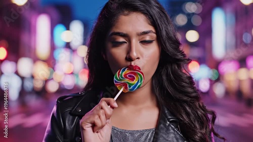 Glamorous woman enjoying a lollipop against vibrant cityscape backdrop, sweet treat moments
