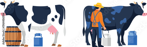 Dairy Farming Cow and Milking Process Set with Farmer Collecting Milk and Farm Equipment Cartoon Vector Illustration Collection