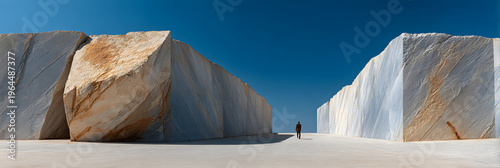 Marble Maze with Human Silhouette: This image unveils a captivating composition where monumental marble blocks create an intriguing maze under a vast, cloudless sky, with a lone human silhouette.
