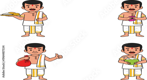 Indian Priest Character Set Performing Hindu Rituals with Offerings Flowers and Sacred Items Traditional Puja Cartoon Vector Illustration Collection