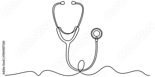 A single continuous line drawing of a medical stethoscope on a clean white background for design