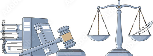 Law Books Gavel and Justice Scales Set with Legal Symbols Feather and Balance Concept Cartoon Vector Illustration Collection