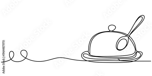 A continuous line drawing of a covered serving dish with a spoon resting on top of the lid cover
