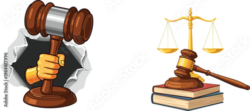 Justice Gavel and Scales Illustration Set with Law Symbols Breaking Wall and Legal Books Stack Cartoon Vector Illustration Collection