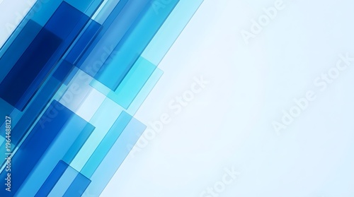 Abstract geometric shapes in shades of blue and teal overlap diagonally against a clean light background conveying a modern technological feel