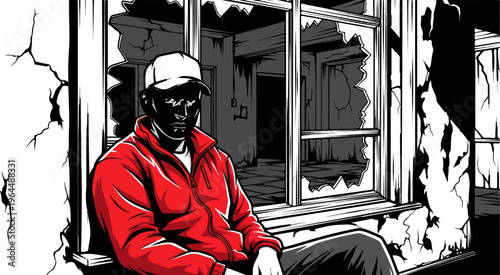 Man in red jacket sits near shattered window overlooking ruined interior