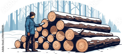 Man in winter coat inspecting stacked logs in a snowy forest