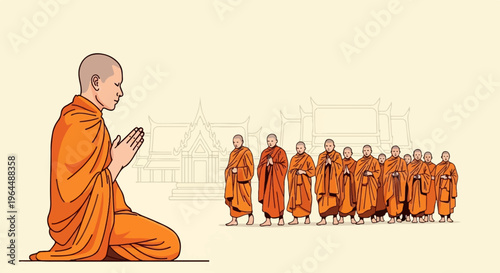 Monks in saffron robes gather and pray before a temple structure