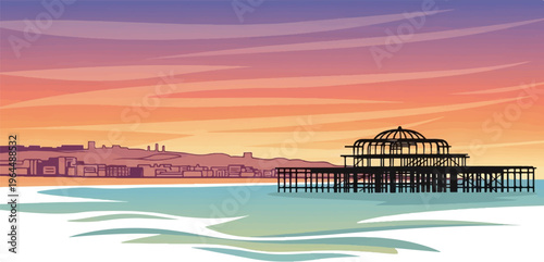 Pixelated seaside cityscape with a derelict pier at sunset