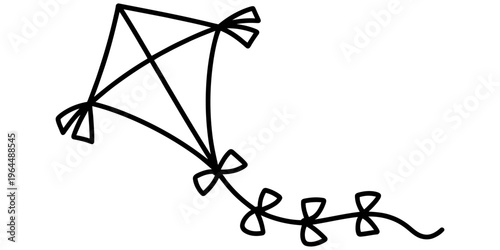 A simple black and white line drawing of a classic diamond shaped kite with a long bow tail attached