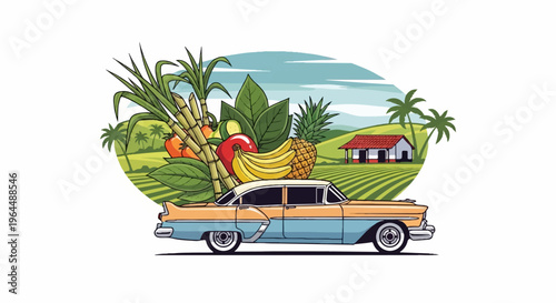 Retro car loaded with tropical fruits and crops in a rural farm setting