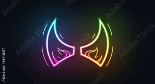 Rainbow neon outlines of horns with flame-like accents against dark
