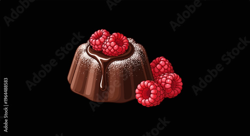 Rich chocolate cake topped with fresh raspberries and powdered sugar