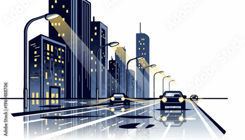 Sleek cars drive down a wet city street at night, illuminated by streetlights