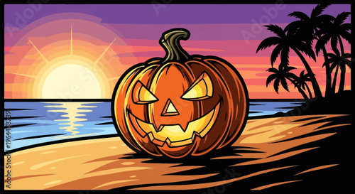 Spooky Jack-o'-lantern sits on a tropical beach at sunset