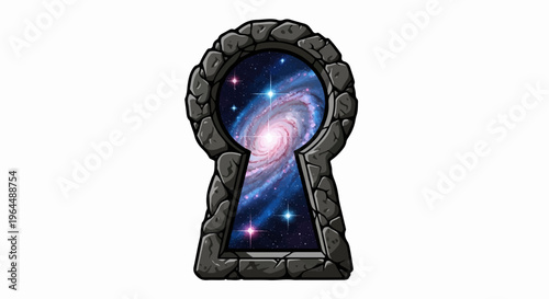 Stone keyhole reveals a swirling, star-filled galaxy