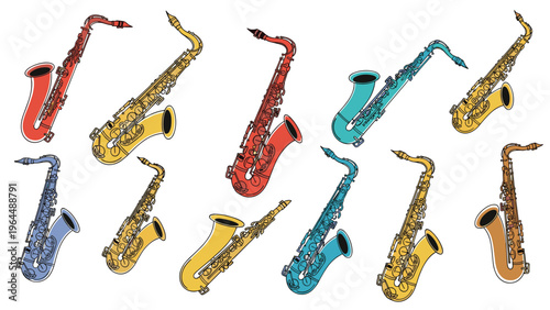 Collection of ten colorful saxophone illustrations in various sizes and colors like red blue and yellow on white background.