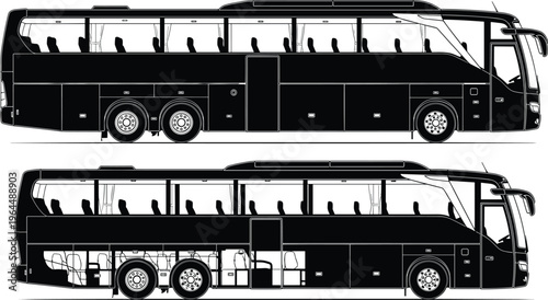 Bus technical illustration, detailed coach vehicle side view with interior layout, public transport design for engineering, transport, and automotive presentation