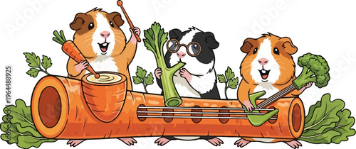 Three cheerful guinea pigs play music with vegetable instruments