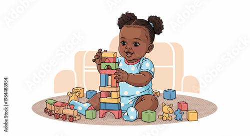 Happy baby girl stacking colorful blocks, surrounded by toys and furniture