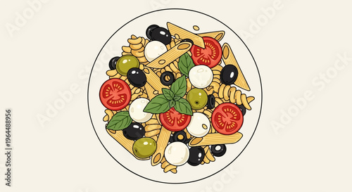Delicious pasta salad with tomatoes, olives, and mozzarella balls