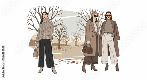 Three stylish women in autumn outfits posing outdoors with bare trees