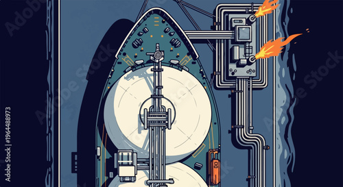 Top-down view of a cargo ship's deck with industrial pipes and flames