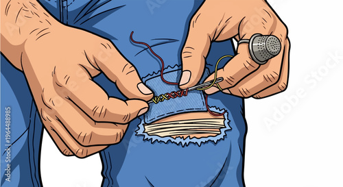 Hands mending a torn pair of blue denim pants with needle and thread