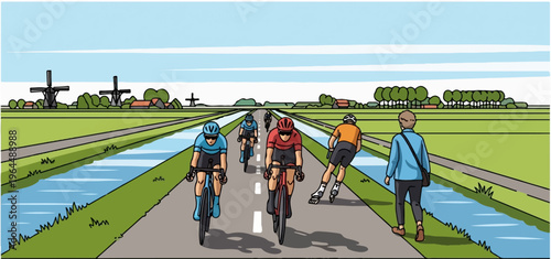 Dutch countryside scene with cyclists, a rollerblader, and a pedestrian near windmills