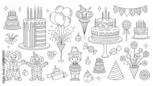 Large collection of hand drawn birthday party elements including cakes clowns balloons and gifts in a line art style.