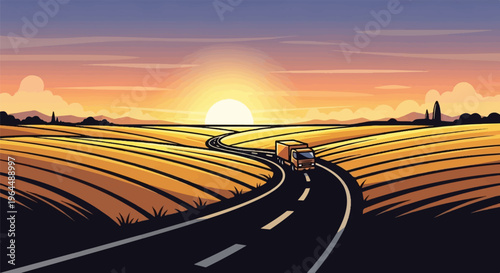 Truck drives on a winding road through a golden field at sunset