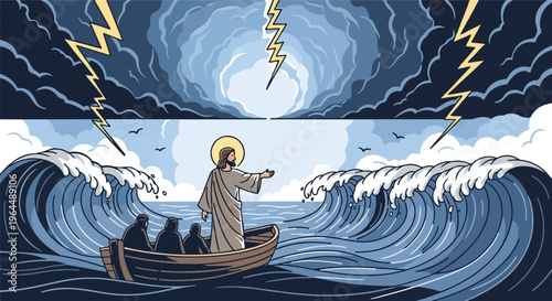 Figure calms stormy sea, parting waves in dramatic biblical scene