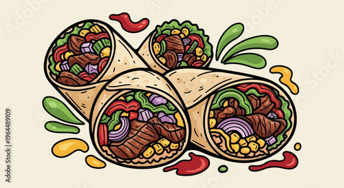 Four stuffed burritos with colorful fillings and abstract sauces