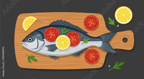 Whole fish prepared on a wooden board with lemon slices, tomato slices and herbs