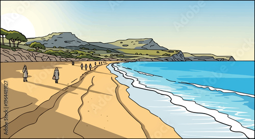 Figures stroll along a sunlit beach with gentle waves on a clear day