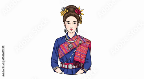 Woman in traditional attire with intricate jewelry and floral hairpiece