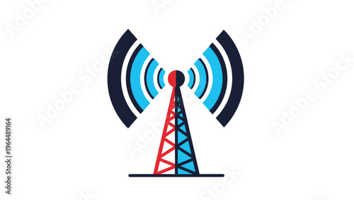Simple flat illustration of a radio signal tower with broadcasting waves in red blue and dark grey colors.