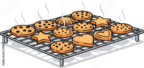 Freshly baked cookies of various shapes cooling on a wire rack