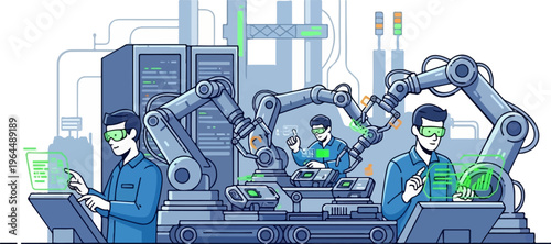 Workers oversee automated factory processes using holographic interfaces and robotic arms