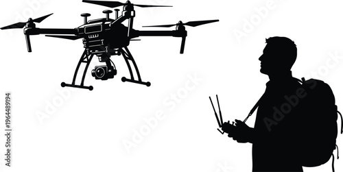 Drone operator controlling quadcopter with remote controller silhouette, aerial photography and modern technology concept in black and white vector
