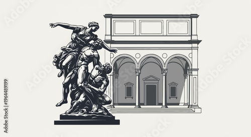 Dramatic sculpture of figures in struggle with classical building facade