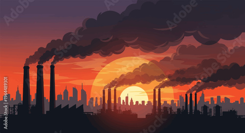 Industrial smokestacks belching dark smoke against a vibrant sunset sky
