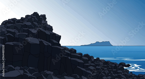 Dark rocks lead to a vast blue ocean and distant island under sky